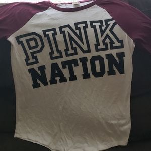 Long sleeve PINK shirt, no stains, maroon sleeves